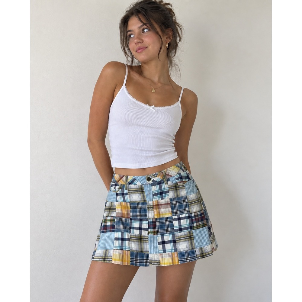 Faded Glory Patchwork Skort Women 8 Blue Plaid Gingham Cotton Mini Skirt Shorts